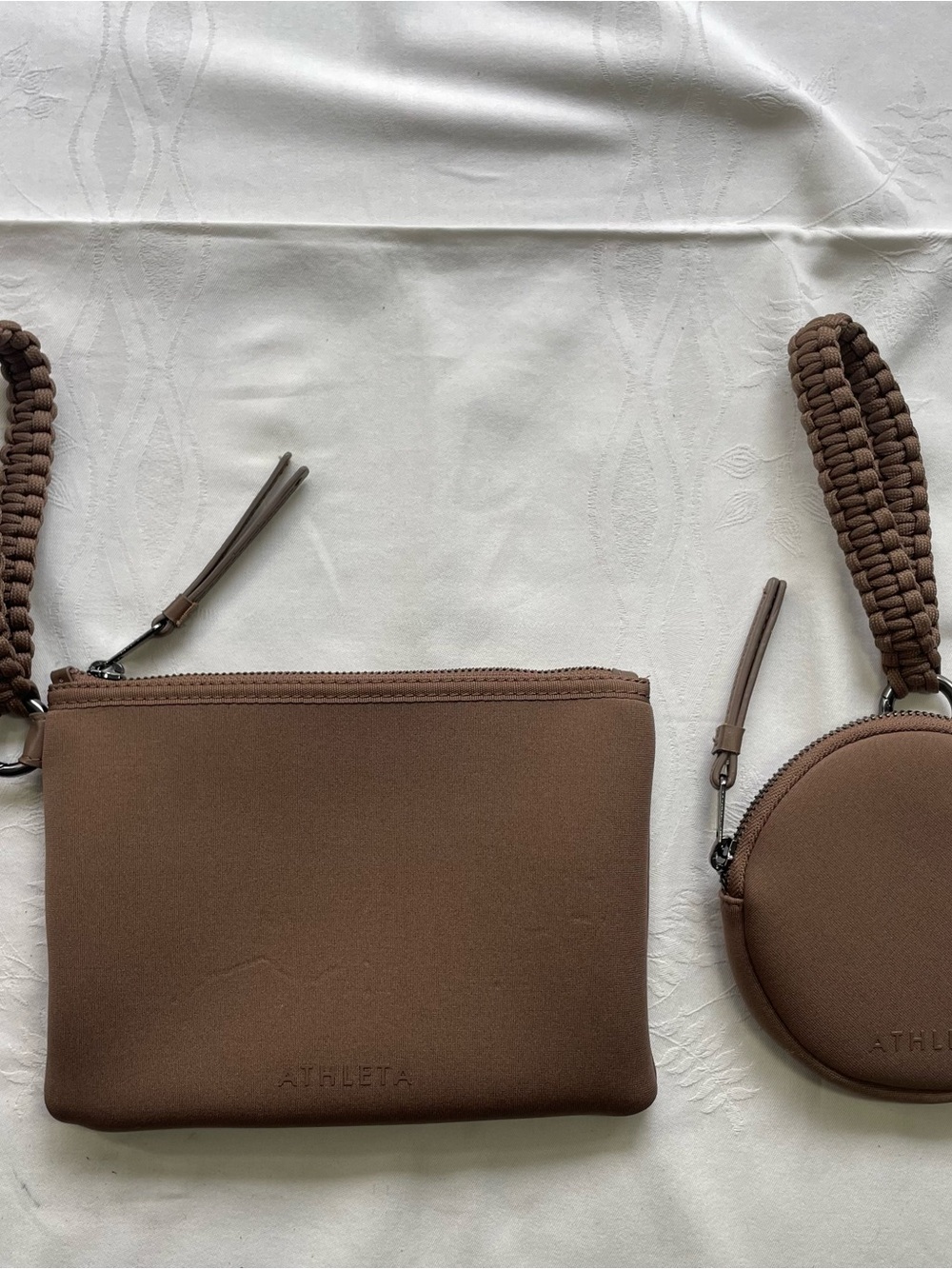 Athleta Brown Revive Zip Pouch Set Braided Wristlet & Round Coin Pouch OS